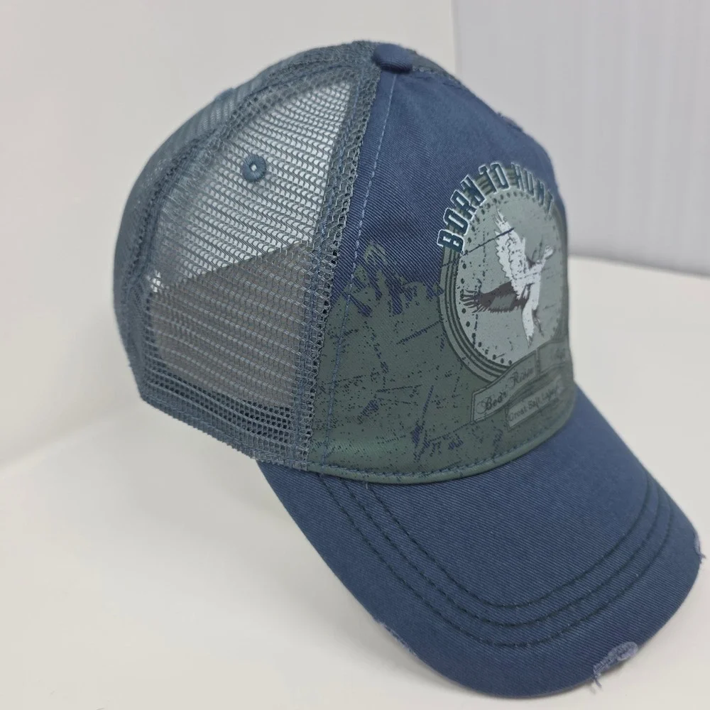 Hunting Trucker Hat Born To Hunt Bear River Refuge Cotton Mesh Blue Distressed